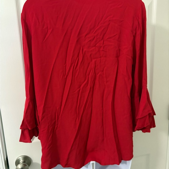 Zara Woman Red v-neck Blouse Size lg Layered Bell Ruffle Sleeves - Picture 3 of 4